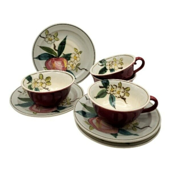 4 Red Wing Pottery Apple Blossom Flat Cup Saucer Set Normandy Vtg 50s Maroon Red - Picture 2 of 7